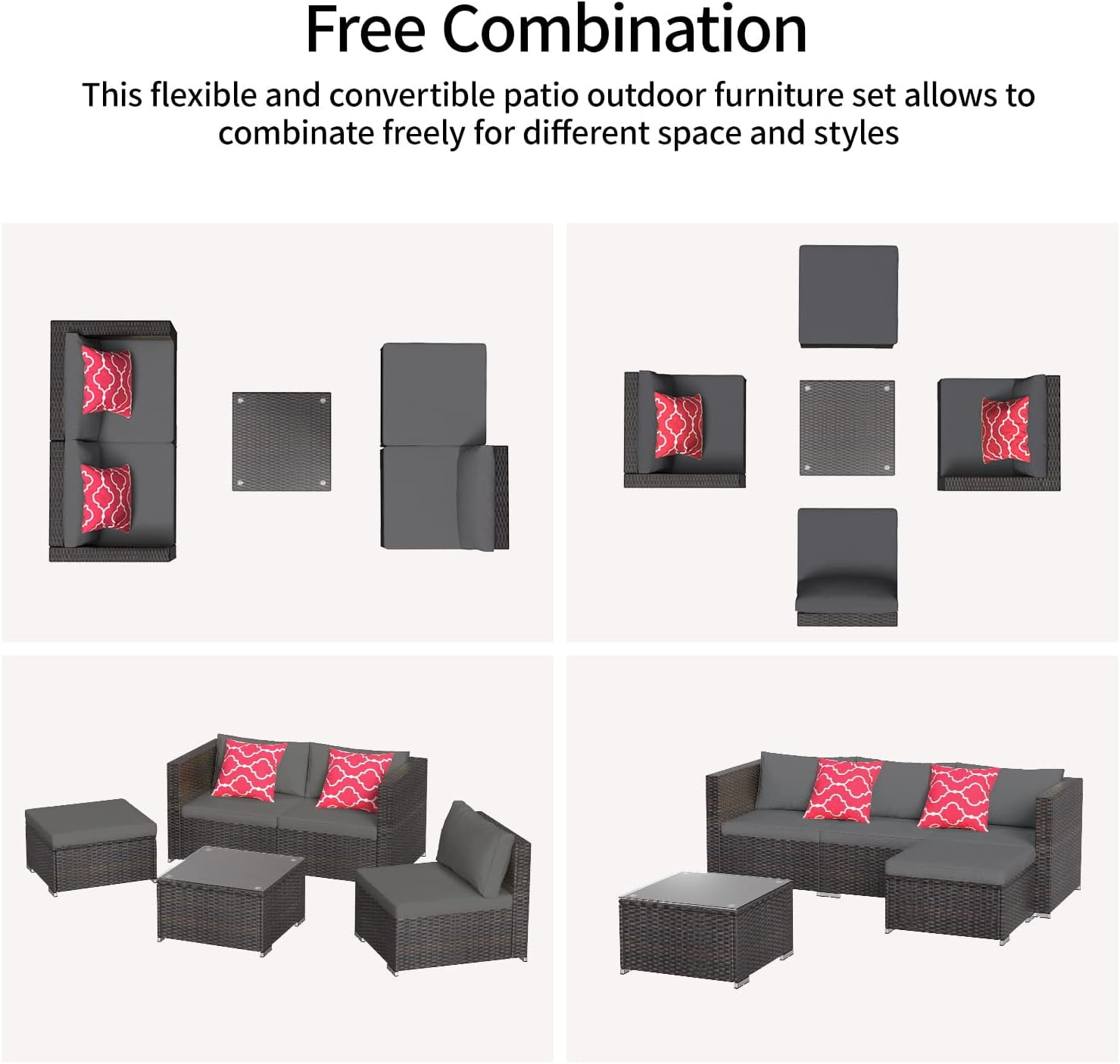 5 Pieces Outdoor Patio Furniture Set, Lofka PE Wicker Rattan Sectional Sofa, Outdoor Conversation Set with Removable Cushions&Coffee Table for Backyard Poolside (Gray)