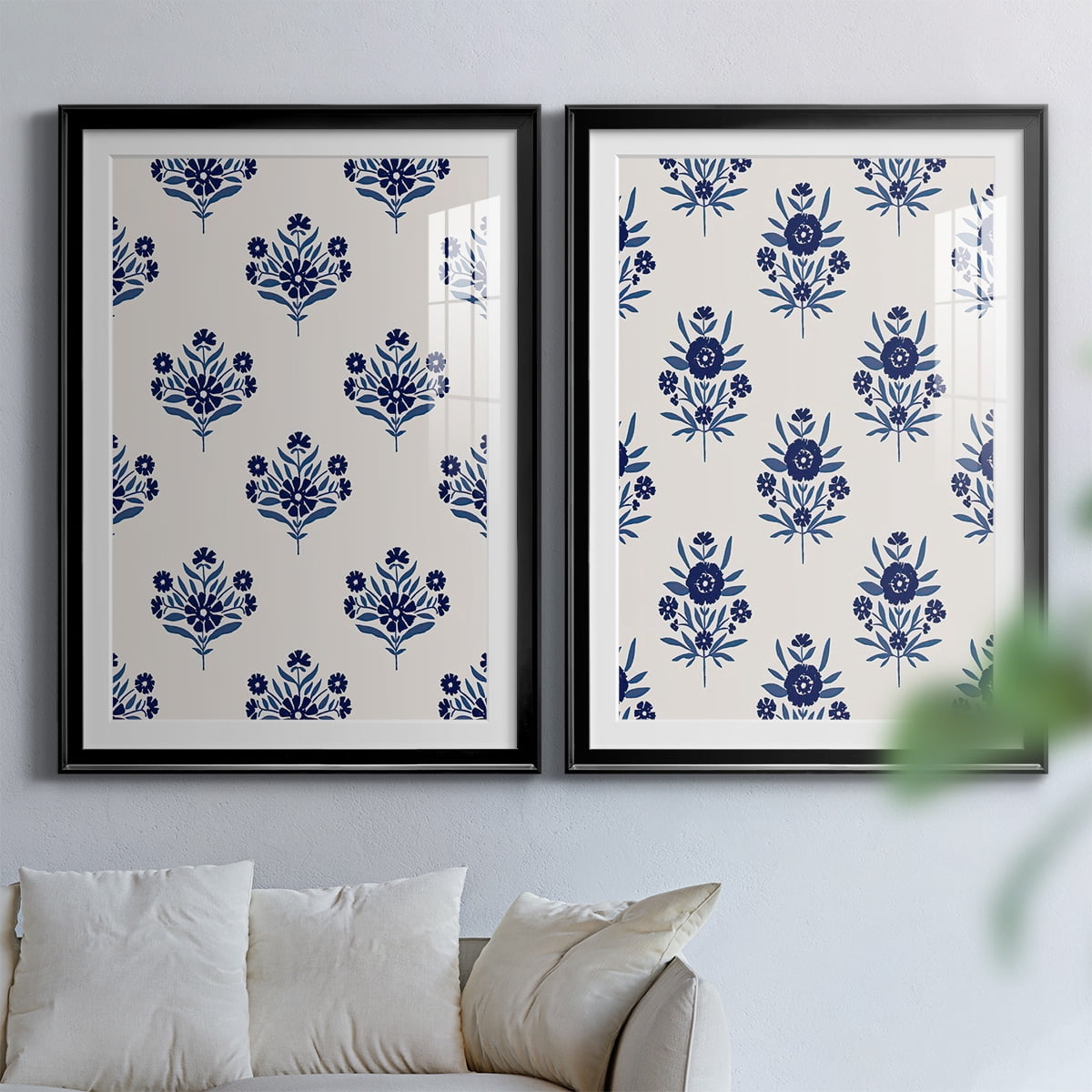 Wexford Home Indigo Bloom Pattern I Premium Framed Print, 18.5" x 24.5" - Ready to Hang, Black (Set of 2)