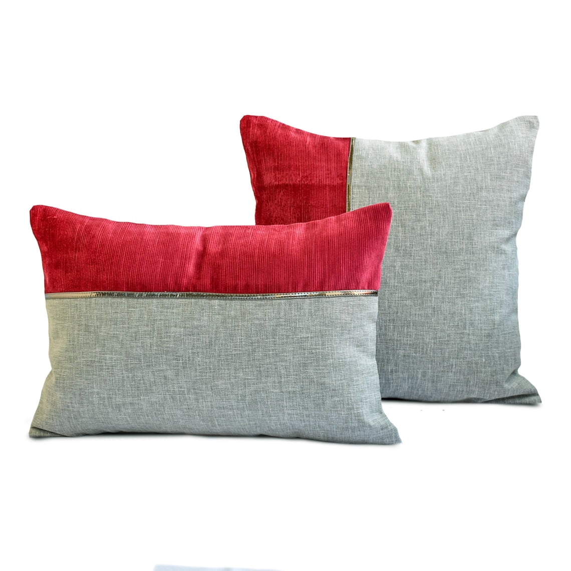 The HomeCentric Decorative Pillow Cases Red 24"x24" (60x60 cm) Linen Patchwork & Corduroy Throw Pillow Cover For Sofa, Patchwork Modern Style - Winterberry Red