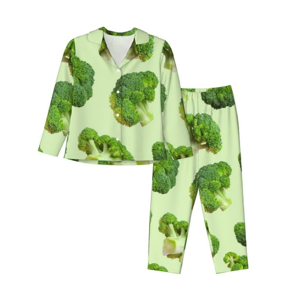 Balery Broccoli 3 Conjunto de Pijama con Estampado para Mujer, Conjunto de Dos Piezas con Manga Larga, Ropa de Dormir Suave con Bolsillos, Pijamas Cómodos-Large
