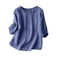 thumbnail image 2 of Aboser Womens Cotton Linen Blouses Ruffle 3/4 Sleeve Shirts Summer Crewneck Tunic Tops Casual Button Down T-Shirt Solid Loose Fit Blouse, 2 of 5