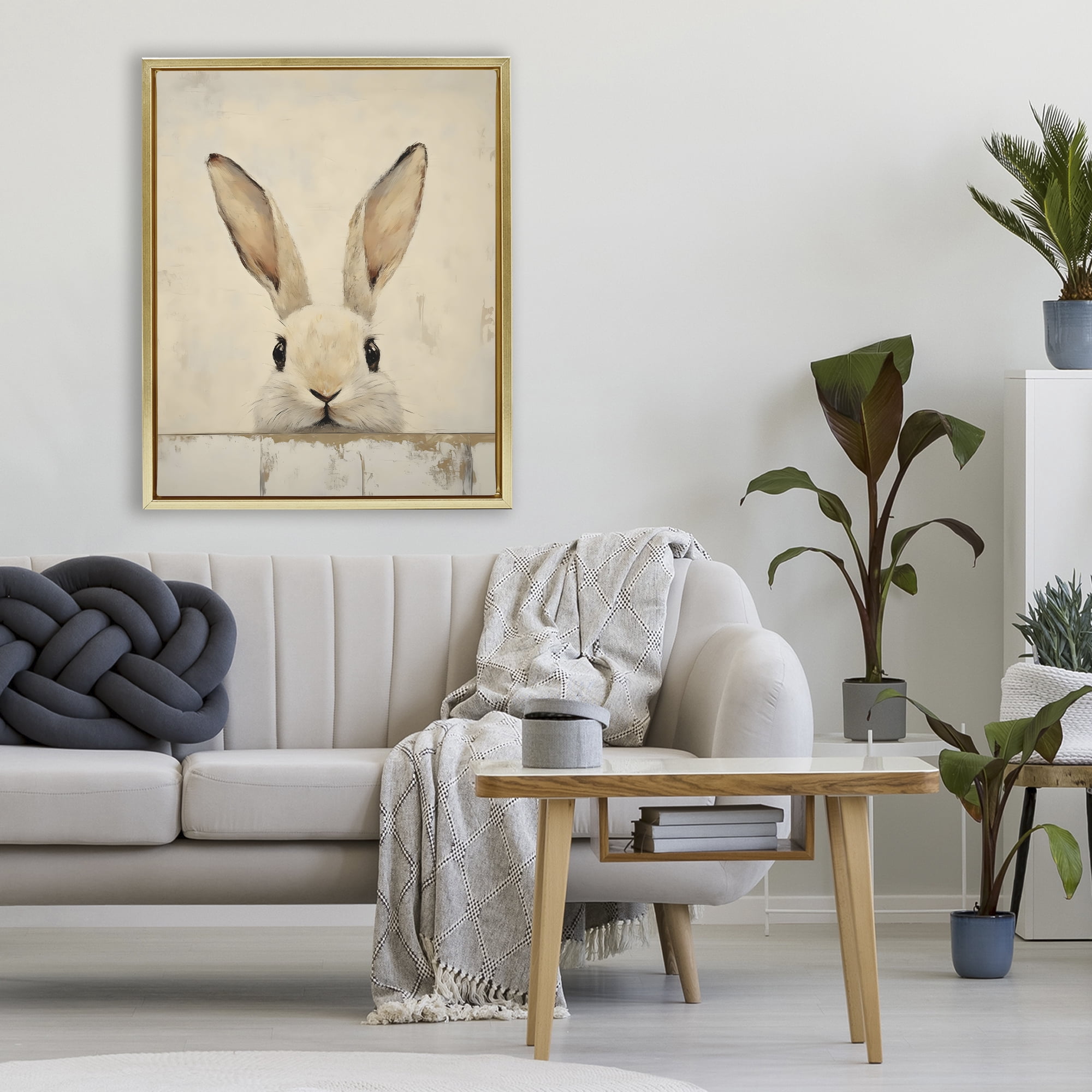 Stupell Industries Peeking Bunny in Soft Neutrals Gold Framed Floater Canvas Wall Art, design by LSR Design Studio
