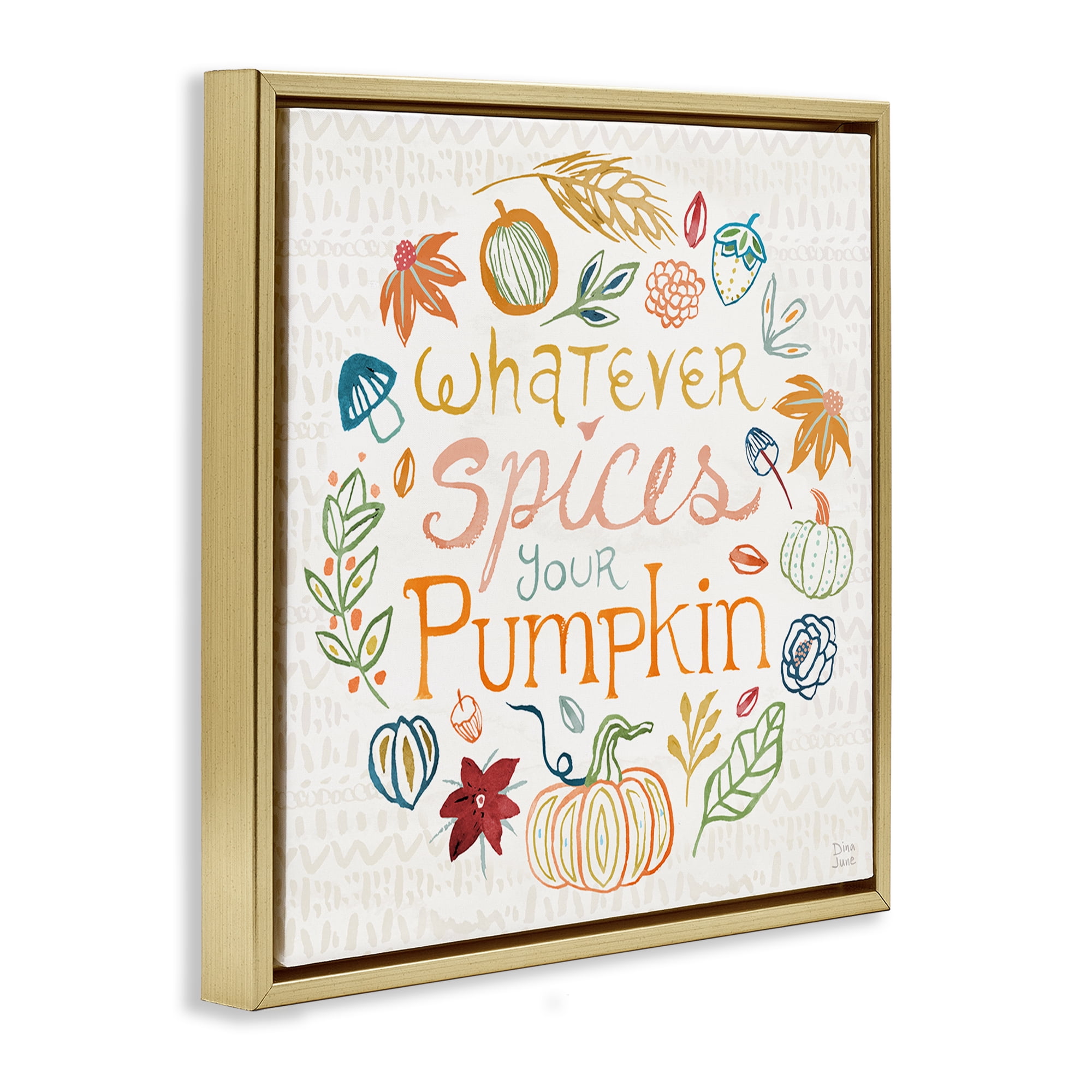 Stupell Industries Funny Fall Spice Pumpkin Holiday Painting Gold Floater Framed Canvas Art Prints Wall Art, 25 x 25