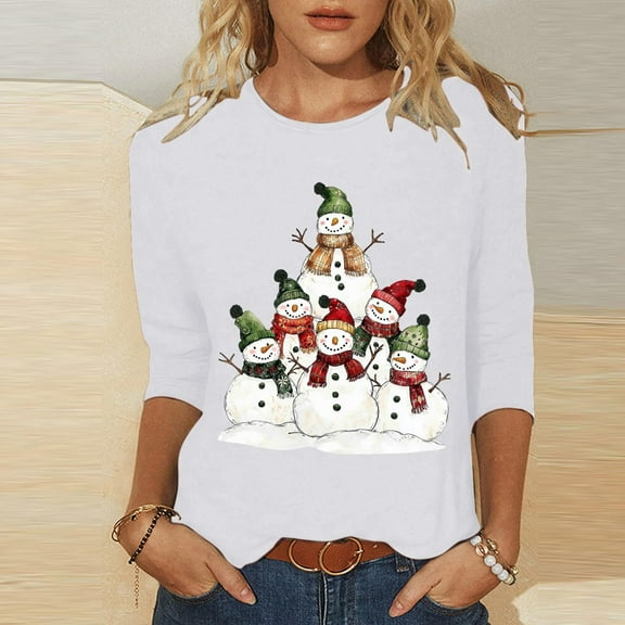 LEKWK Women's Christmas Outfit Merry Chrismas Shirts Xmas Crew Neck 3/4 Sleeve Tops Ladies Holiday Tops Holiday Xmas Tops for Women