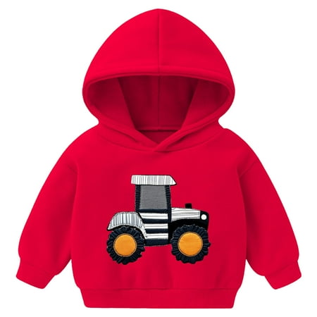yocbz Toddler Boy Hoodie Sweatshirt Pullover Dinosaur Long Sleeve Shirt Fire Truck Print Kids Winter Clothes Red 5-6 Years