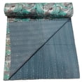 thumbnail image 4 of ColorFull House Indian Cotton Kantha Quilt, Turquoise and Grey Leaf Pattern Design Kantha Gudri,Bedspread,Bedsheet,Throw Blanket Size( King 108" x 108" ), 4 of 5
