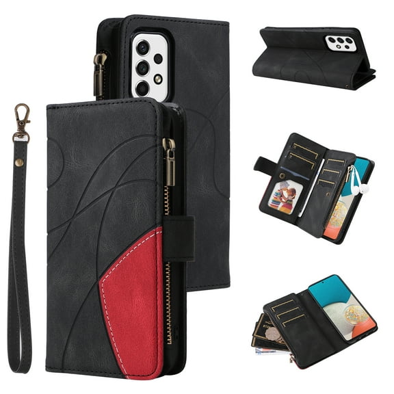 Zipper Wallet Case for Samsung Galaxy A53 5G Large Capacity Card Slots Holder Magnetic Clasp Cover, Luxury PU Leather Anti-Shock Flip Folio Case with Kickstand Wrist Strap Handbag Protective Cas,Black
