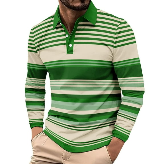 GuangCheng George Tops for Men Striped Long Sleeve Shirts,Classic Fit,Soft,Breathable,Comfortable,Classic Collar,Button Placket,Pullover Tees,Green,Size 2XL