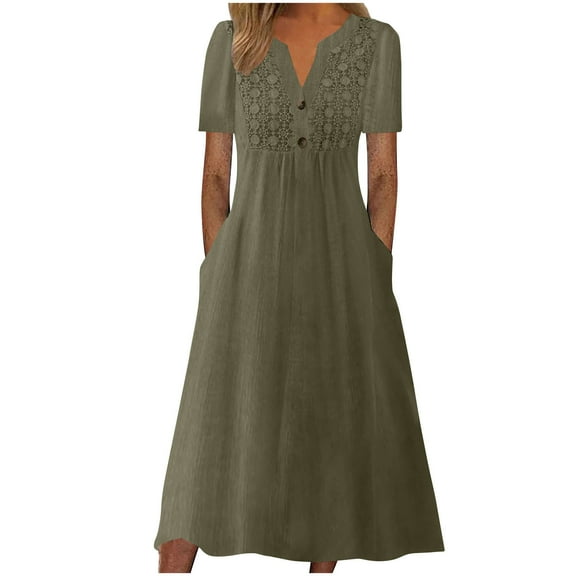 Arnsht Womens Summer Dresses Fashion Spring Short Sleeve Button V Neck Pleated Loose Pocketed Tiered Swing Flowy Maxi Dress Green XL