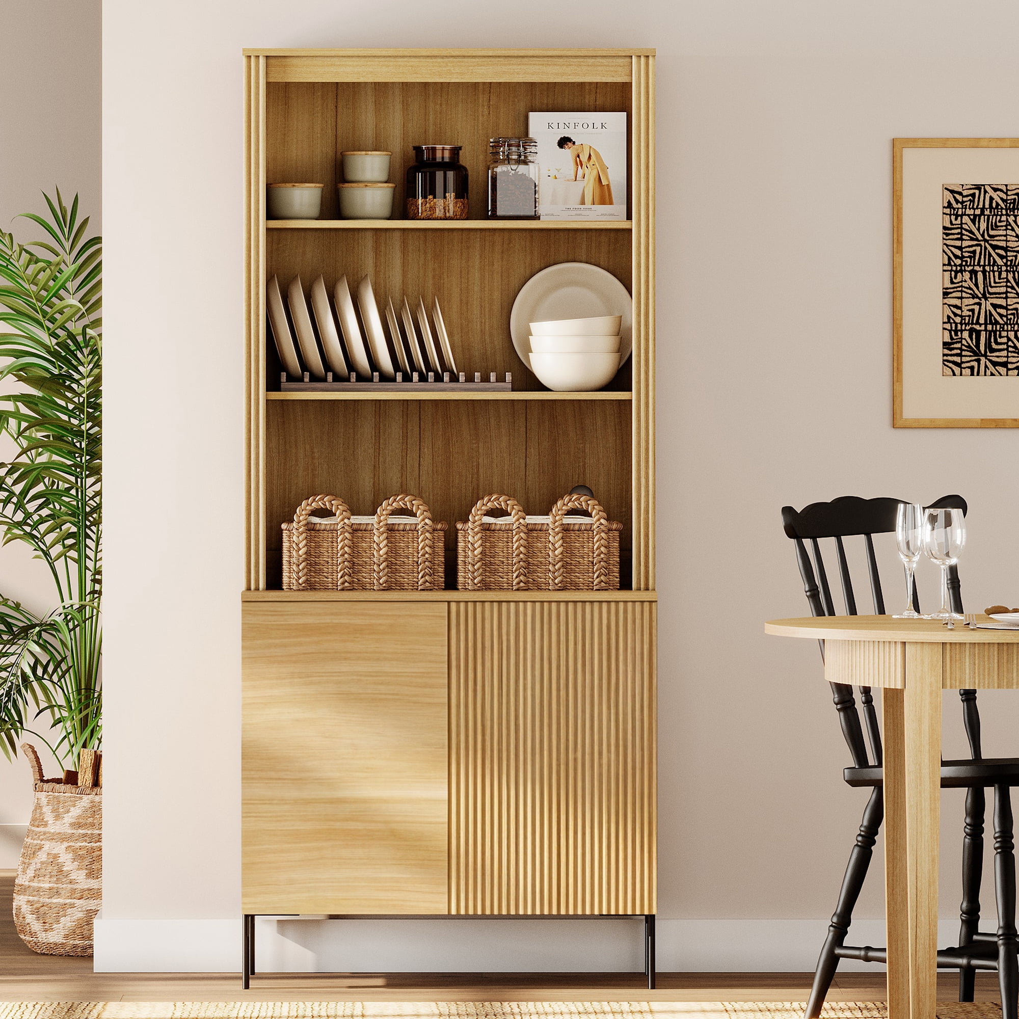 71.6" Tall Modern 5 Tier Bookcase with Storage Cabinet, Wooden Display Cabinet with Fluted Doors and Adjustable Shelves, Versatile Bookshelf for Living Room, Study, Office