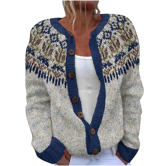 LMKIHUSA Womens Cardigan Sweaters 2025 Long Sleeve Button Down Fair Isle Sweater Crew Neck Open Front Knit Vintage Sweaters Gray,S