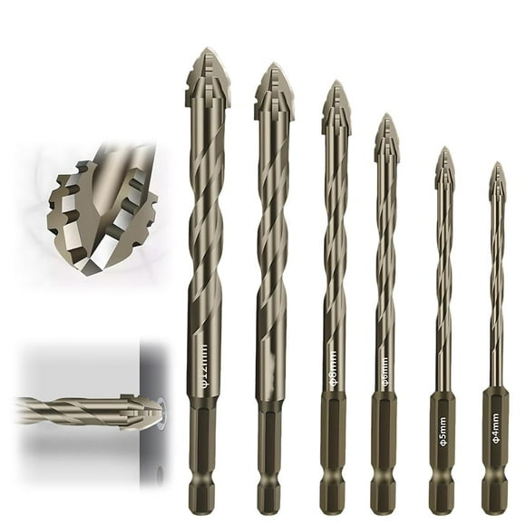 New Four-Flute Sawtooth Eccentric Drill Bit Set, Four Blade Serrated Eccentric Drill Bits, High-Strength Four-Edged Serrated Eccentric Twist Drill Bits for Brick Plastic Cement (4+5+6+8+10+12mm)