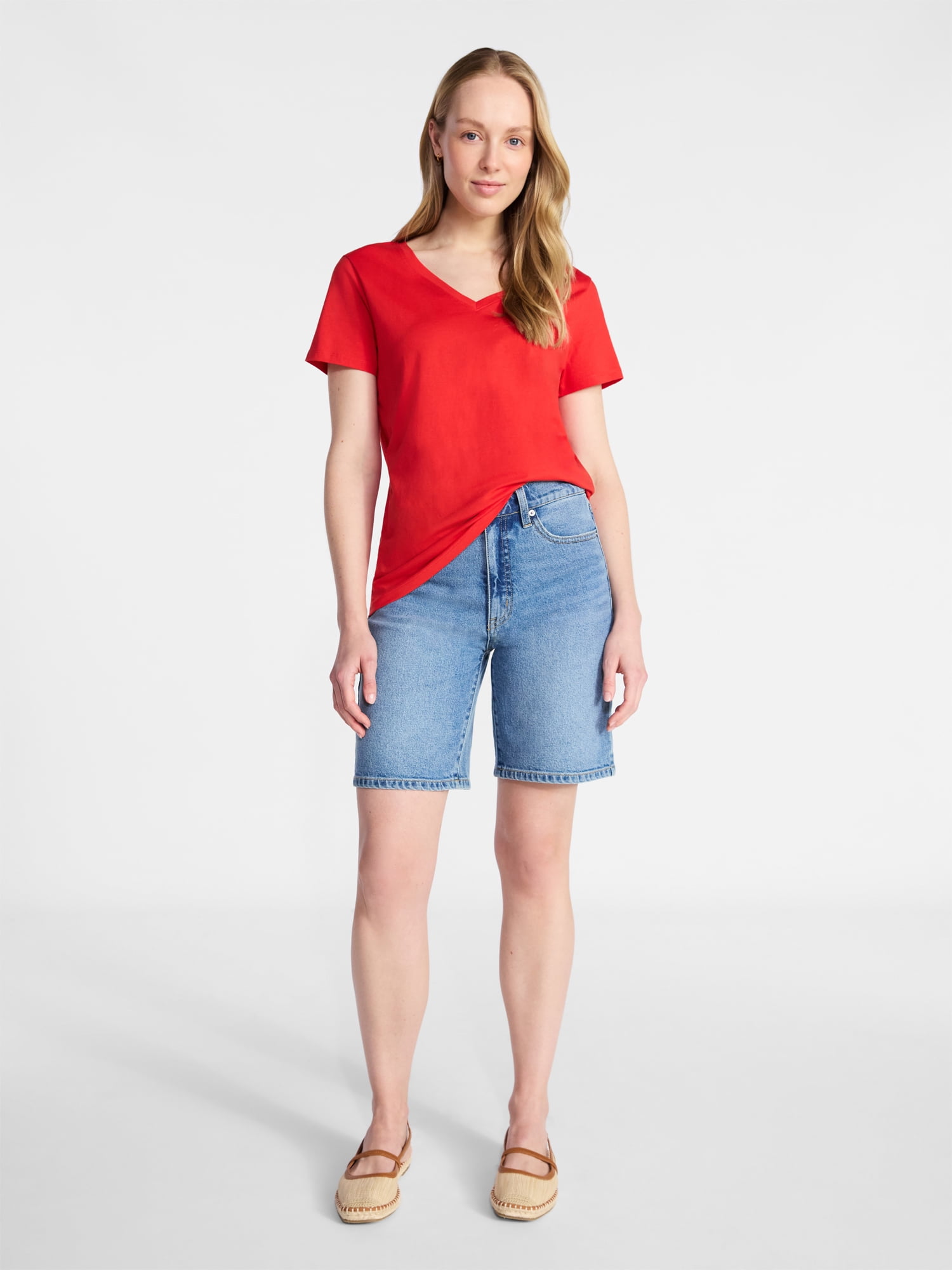 Time and Tru Women's Cotton V-Neck Tee with Short Sleeves, Sizes XS-4X