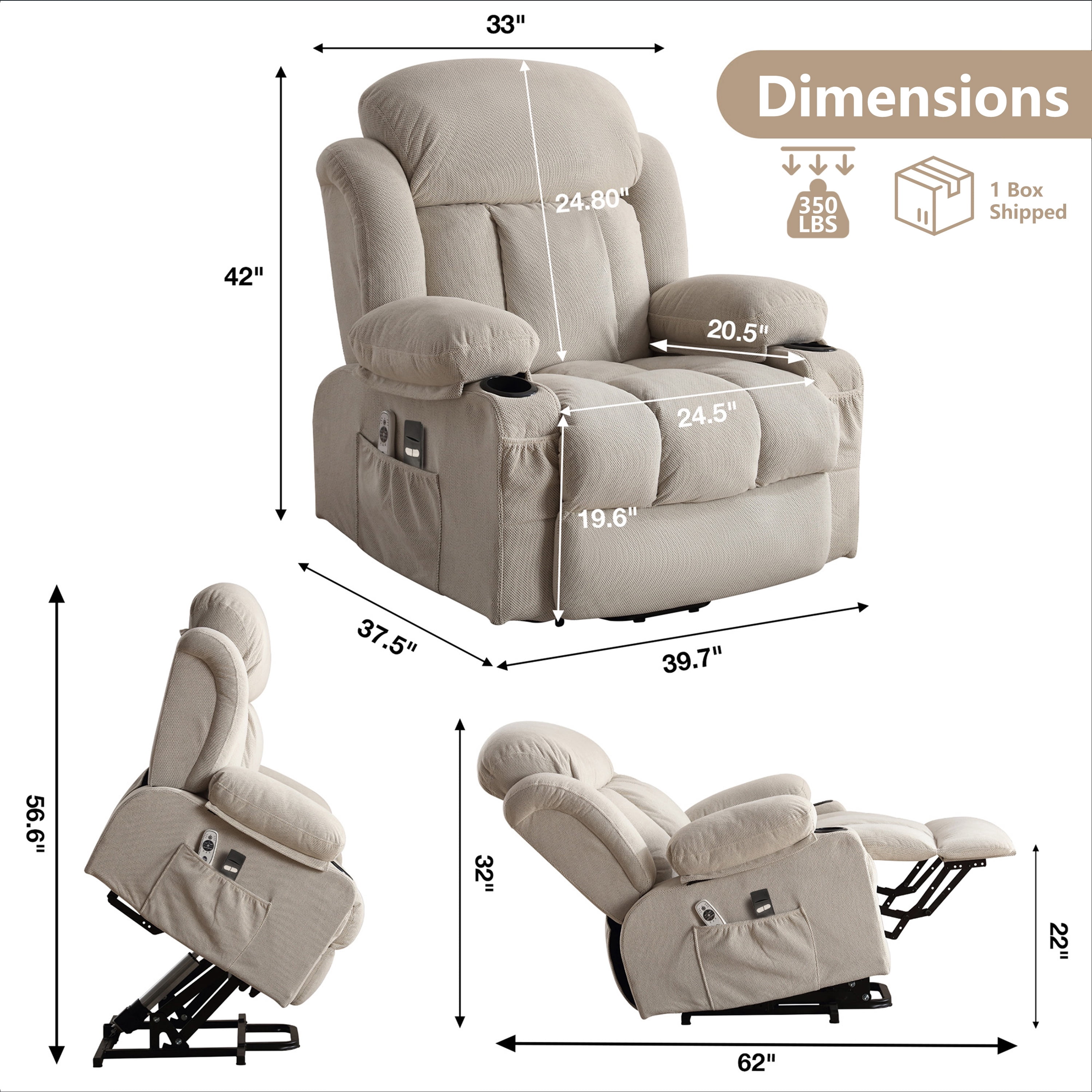 Lift Chair for Elderly, Power Lift Recliner Chair with Heat and Massage, 24.5" Oversized Massage Recliner for Living Room with Remote Control, Cup Holders, Easy Stand, 350lbs Capacity, Beige