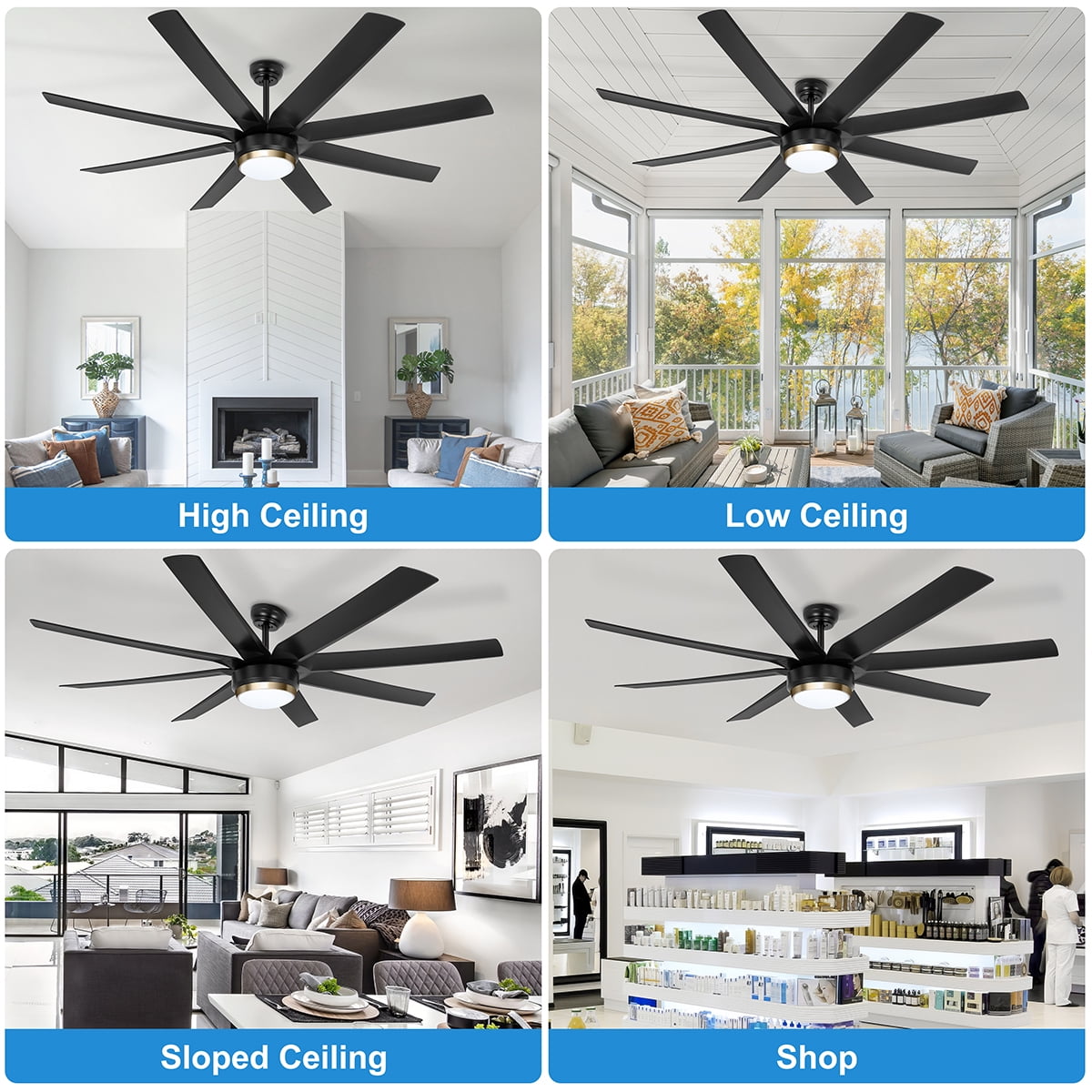 Ohniyou 70" Indoor Outdoor Ceiling Fans with Lights and Remote 8 Blades 6 Speed Dimmable Large Ceiling Fan for Patios Living Room Bedroom, Matt Black