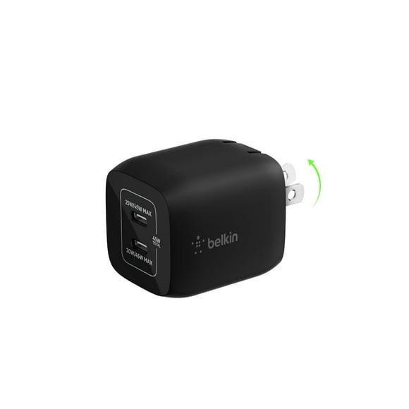 Belkin 45W Dual USB-C Wall Charger, Fast Charging Power Delivery 3.0 w/ GaN Technology for iPhone 16, 16 Pro, 16 Pro Max, 15, 14, Pro, Pro Max, Mini, iPad Pro 12.9, MacBook, Galaxy S24, & More - Black