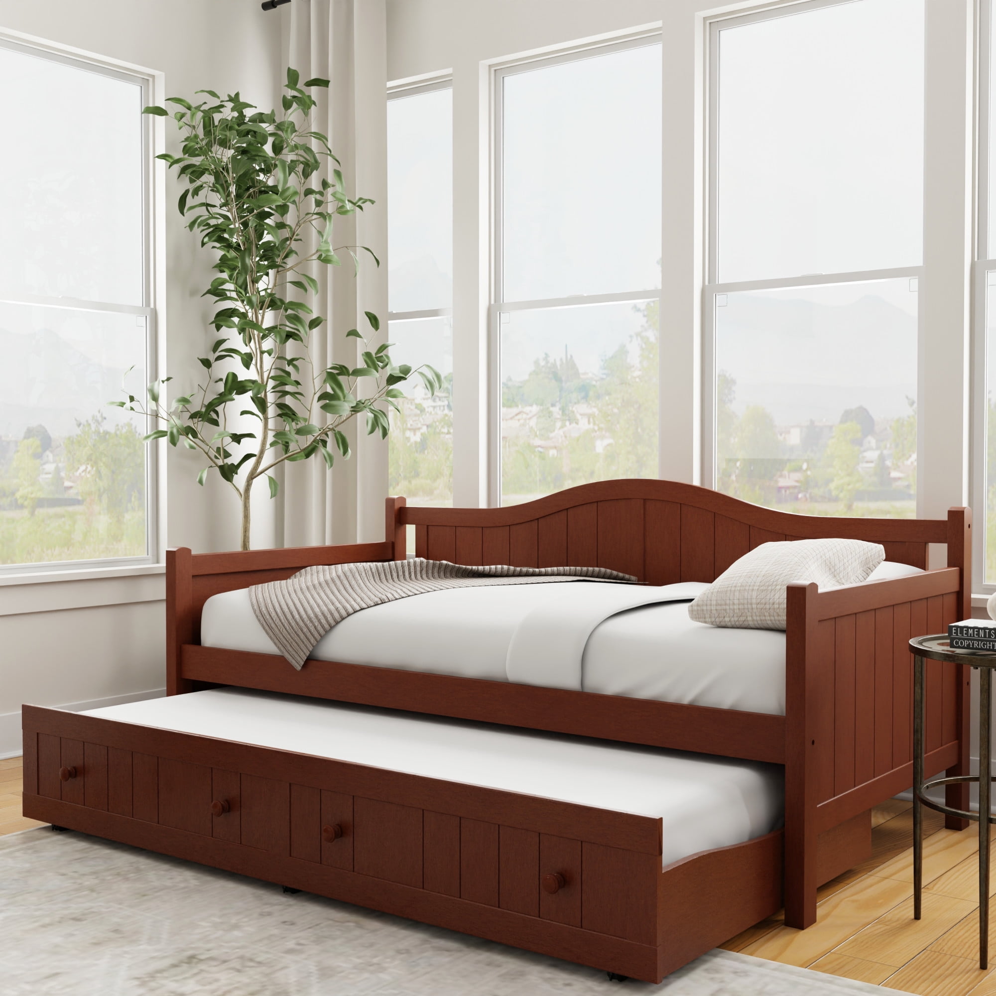 Woven Paths Staci Traditional Arched Beadboard Wood Twin Daybed with Trundle, Cherry