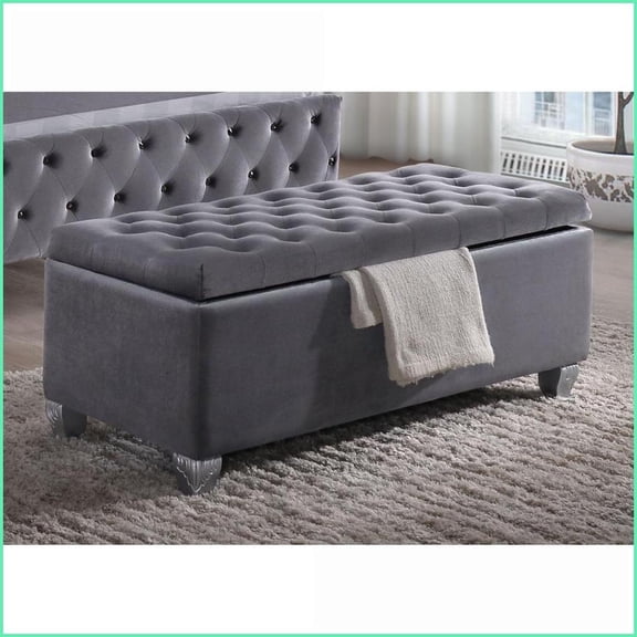 Grey Tufted Velvet Storage Bench with Lift-Top | Wood Fabric | Luxury