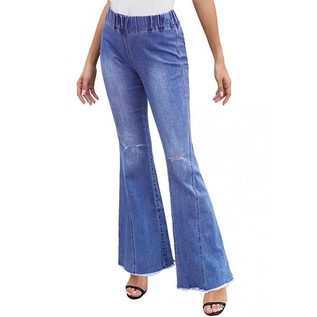 cfhntfmh Denim Pants for Women Trendy High Elastic Waist Loose Bell Bottoms Pants Ripped Distressed Wide Leg Jeans