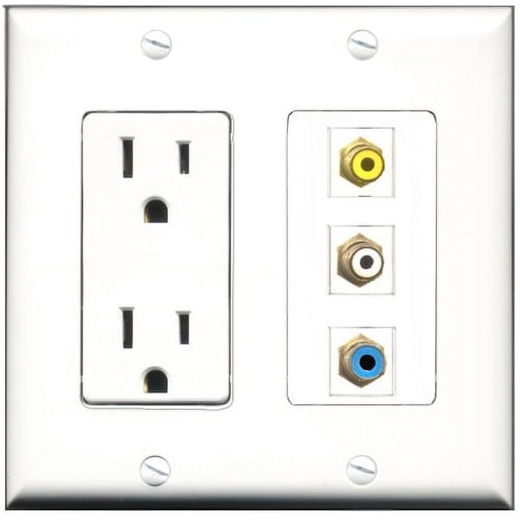 RiteAV - 15 Amp Power Outlet 1 Port RCA White 1 Port RCA Yellow 1 Port RCA Blue Decorative Wall Plate