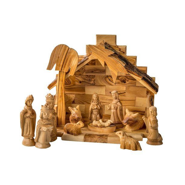 6" Olive Wood Handcrafted Nativity Set and Wood Stable with Animal