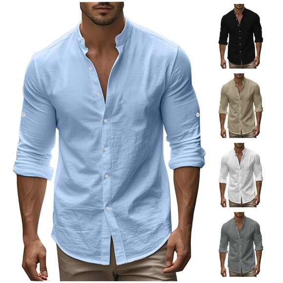JURANMO Mens Casual Cotton Shirts Long Sleeve Button Down Shirts Solid Color Stand Collar Shirts Deals of the Day White S