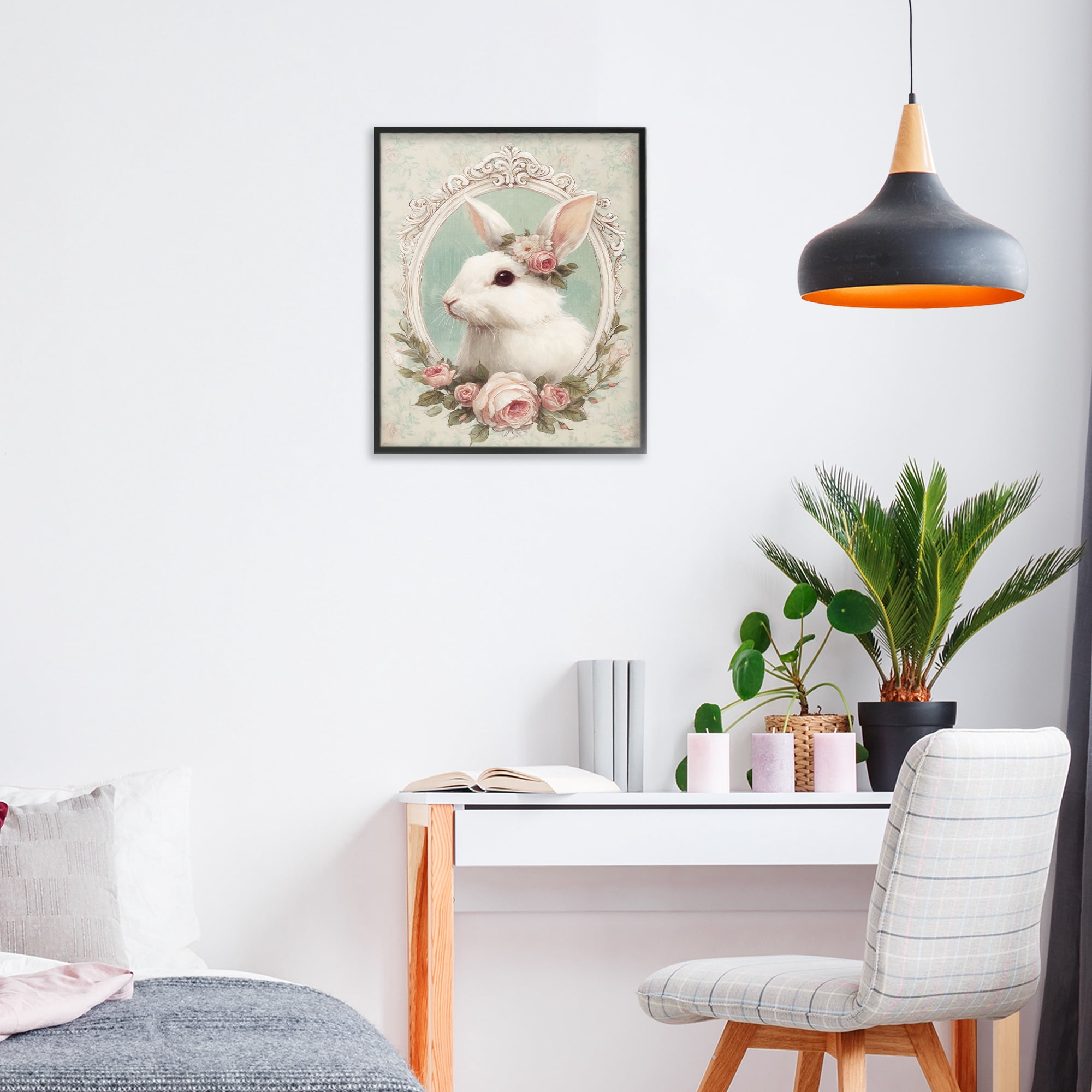 Stupell Industries Flower Fringed Bunny Portrait Black Framed Giclee Art, design by Ink Drop Loft