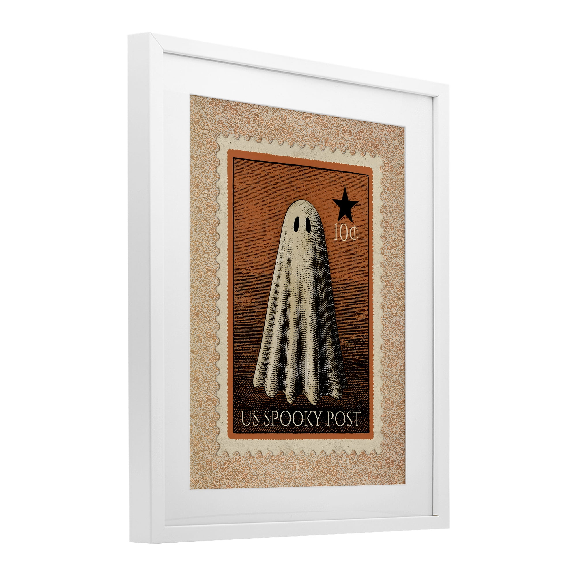 Vintage Ghost Stamp White Framed Print Under Glass, design by Arlington Prints
