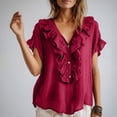 thumbnail image 5 of Craaazy Women Plus Size Tops Loose Fit Solid Color V Neck Ruffle Placket Short Sleeve Cotton T Shirts for Daily Wear Gift, 5 of 9