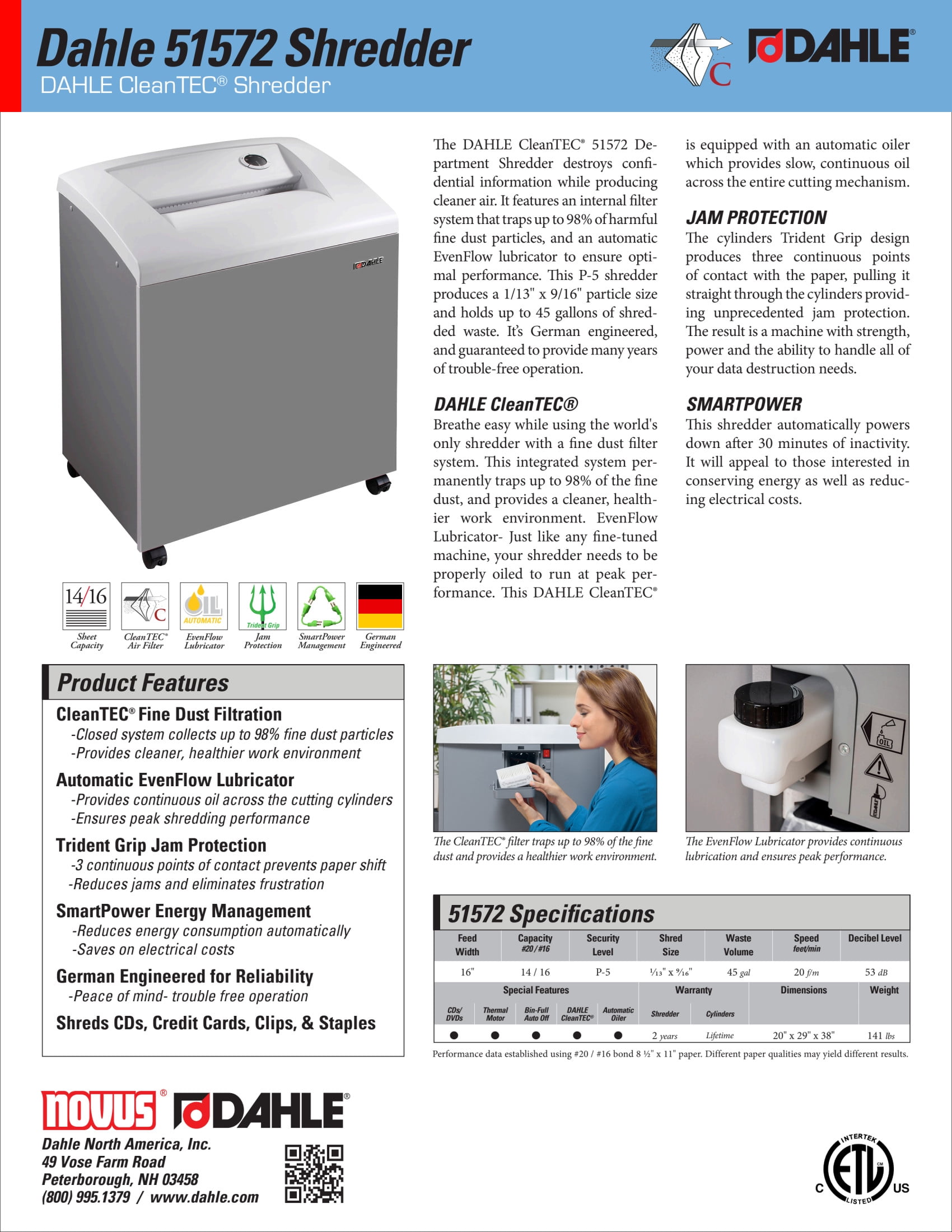 DAHLE CleanTEC 51572 Paper Shredder w/Air Filter, Auto Oiler, German Engineered, 14 Sheet Max, Level P-5 | O-4