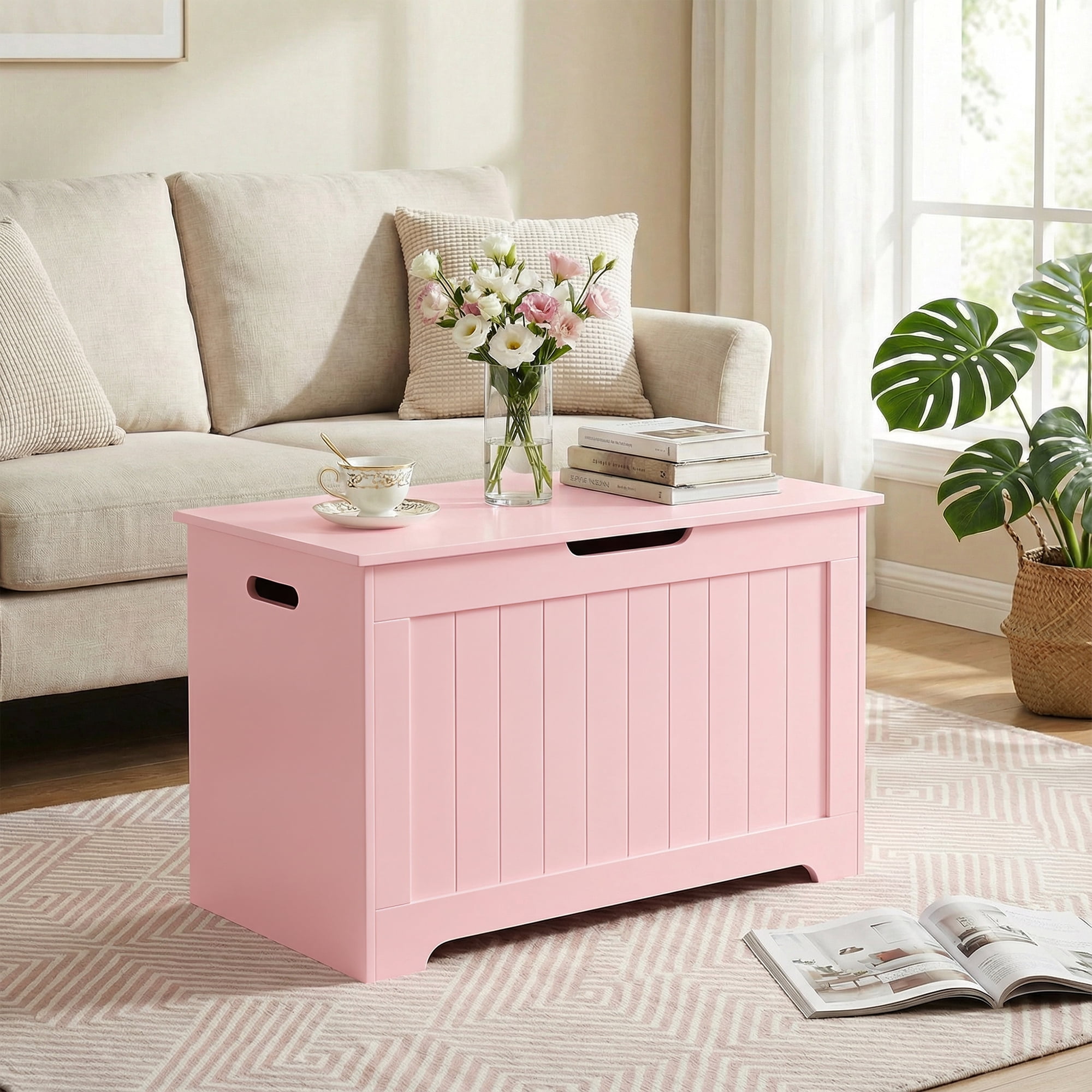 SuperDeal 30-Inch Lift Top Storage Chest Wooden Home Organizer Bench with Safety Hinged Lid Large MDF Toy Box Entryway Bedroom Living Room, Pink