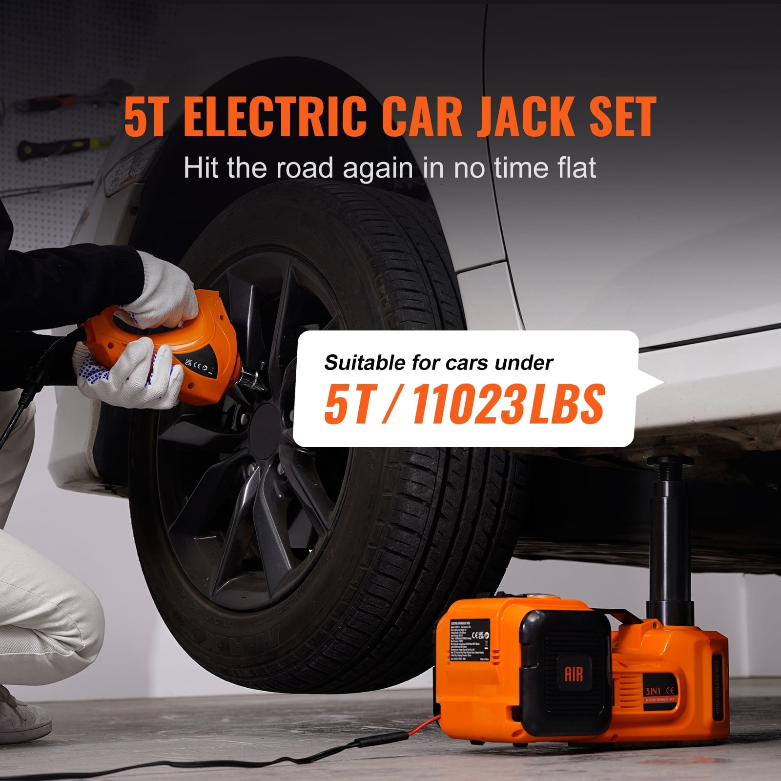 KFFKFF Electric Car Jack, 5 Ton Capacity Hydraulic Lift with Electric Wrench, Compact Vehicle Elevator with Integrated Air Pump and LED for SUVs, MPVs, Sedans, and Trucks, Tire Change and Repair