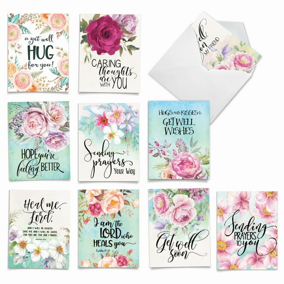 10 Get Well Soon Note Cards Assorted (4 x 5.12 Inch) - Get Well Florals