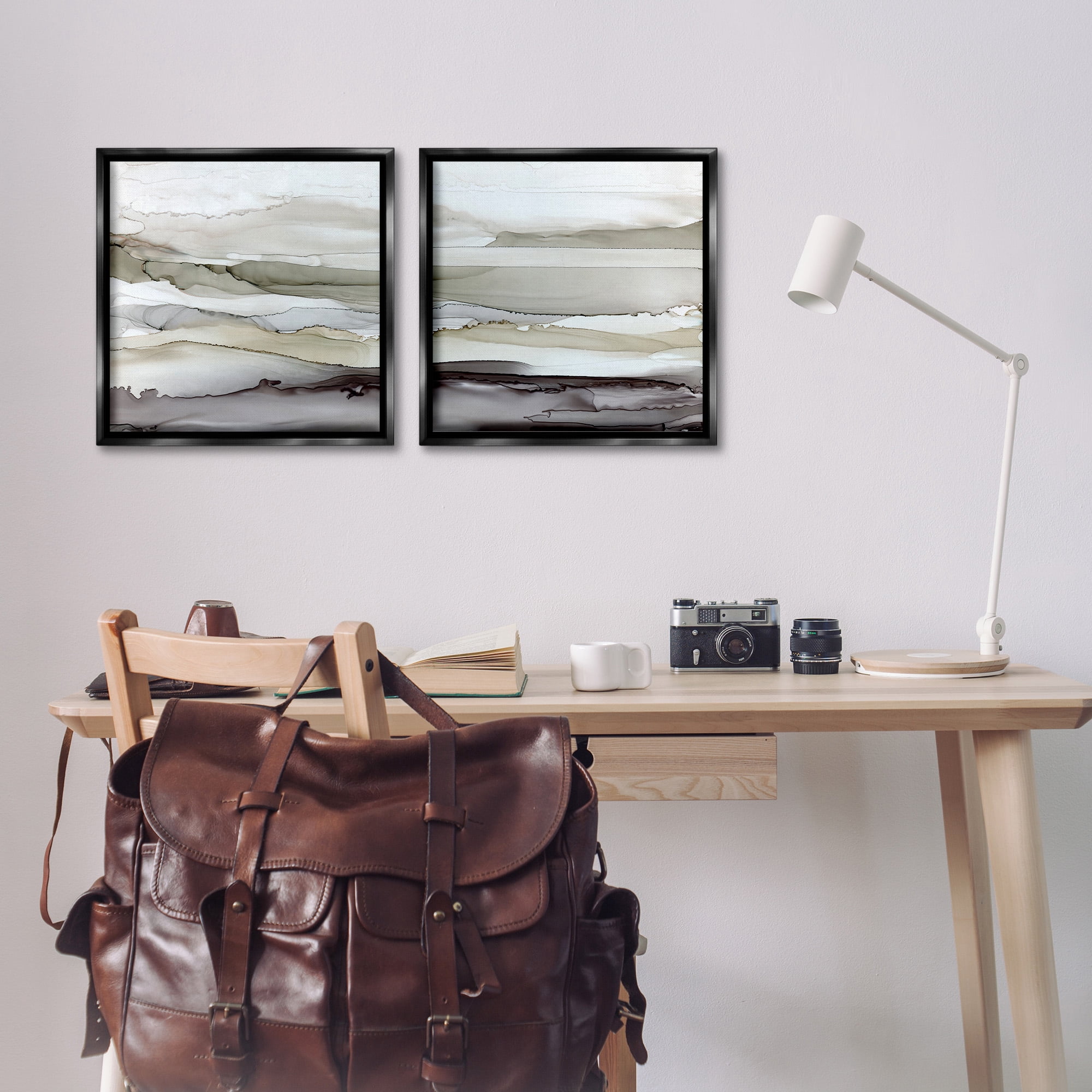 Stupell Industries Abstract Watercolor Wave Interpetation Abstract Painting Black Floater Framed Canvas Art Print Wall Art, 18 x 18, Set of 2