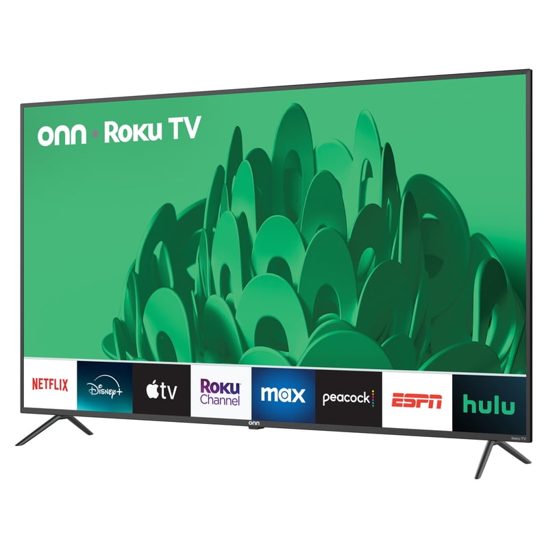 onn 65" Class 4K UHD Roku Smart Television, 100012587 front and back view
