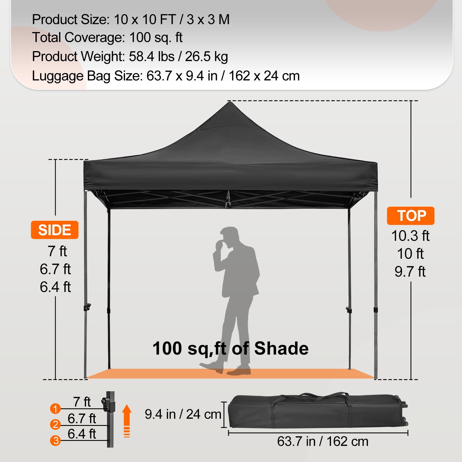 BENTISM 10' x 10' Instant Pop Up Gazebo Tent, Adjustable Height with UV Resistant