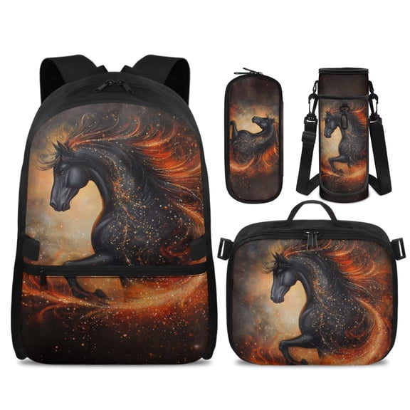 HUIACONG Fire Dark Horse Kids Backpack 4-IN-1 Set for Boys Girls 6-12 School Book Bag with Detachable Lunch Box Pencil Case Water Bottle Holder Lightweight