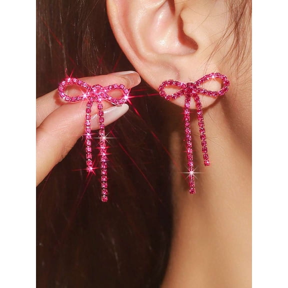 Hot Pink Bow Tassel Dangle Earrings With Rhinestones, 1 Pair