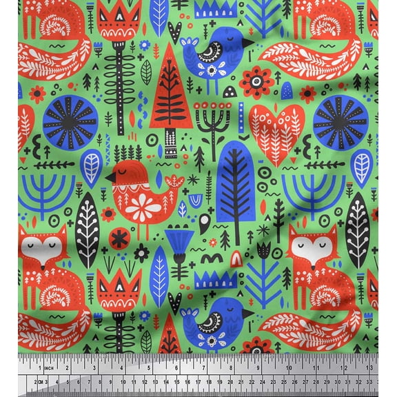 Soimoi Green Cotton Duck Fabric Tree & Fox Folk Art Fabric Prints By Yard 44 Inch Wide