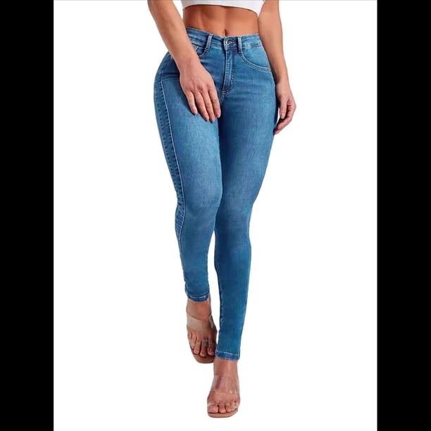 Vaqueros de Cintura Alta para Mujer, Elásticos, Ajustados, con Bolsillos, Mezcla de Algodón Suave y Transpirable Azul Vaquero XXL
