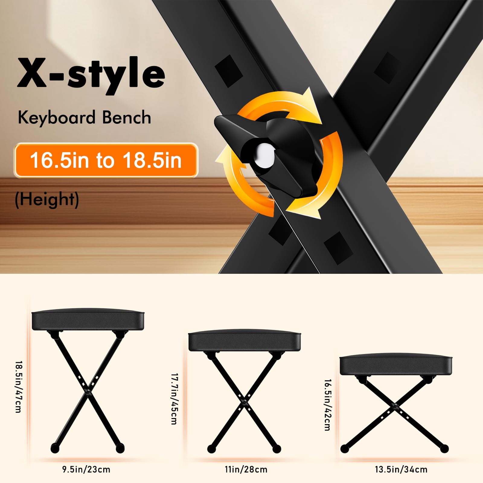 Keyboard Bench Padded Cushion X-style Height Adjustable 16.5''-18.5''  Piano Stool Chair Black