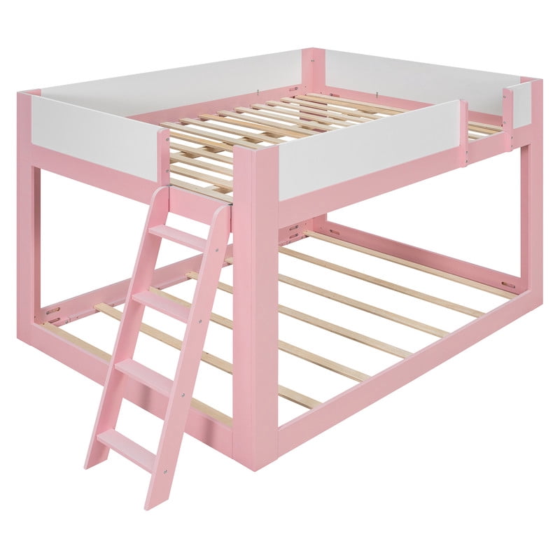 Queen-Over-Queen Low-Profile Bunk Bed with Guardrails, Wooden Kids Bed with Reversible Ladder, Accent Two-Tone Bed Frame