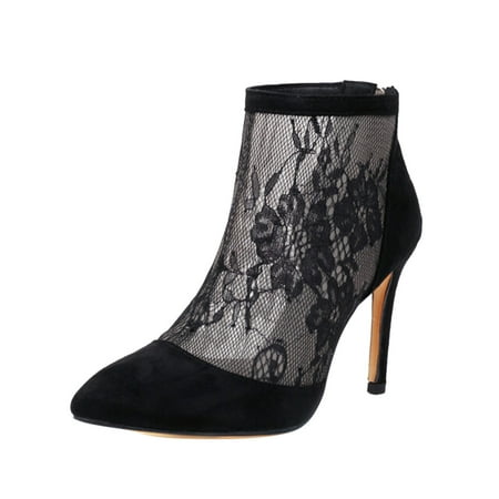 

Sandals Women Ladies Fashion Solid Suede Lace Splice Pointed Cool Boots Back Zipper Thin High Heels Sandals