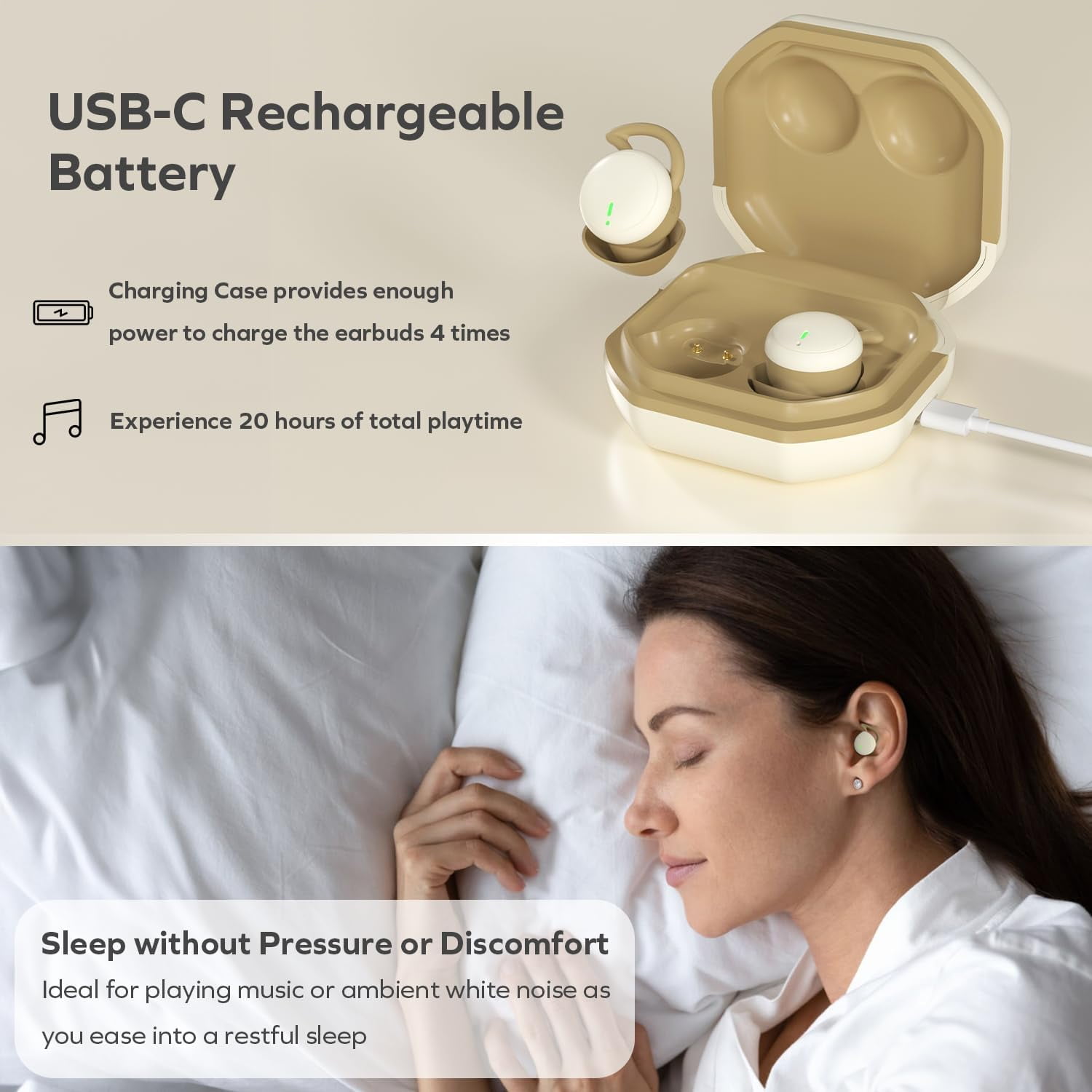 COBY Sleep Wireless Earbuds, Bluetooth 5.3 Noise Cancelling Earbuds with Charging Case, Beige