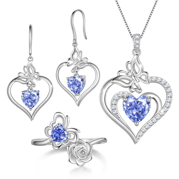 Beautlace Birthstone Jewelry Set for Women,18K White Gold Plated Necklace Earrings Ring Set,December Tanzanite Heart Birthstone Jewelry Gift Set for Mom Wife Girlfriend