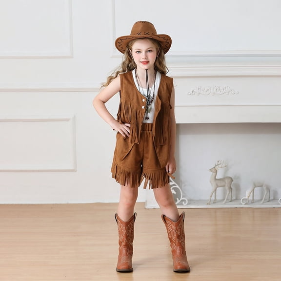 Kids Ethnic Style Suede Vest Set Hippie Tassel Outfit Casual Comfortable 2 Piece Set for Boys Girls - Brown - Size 130