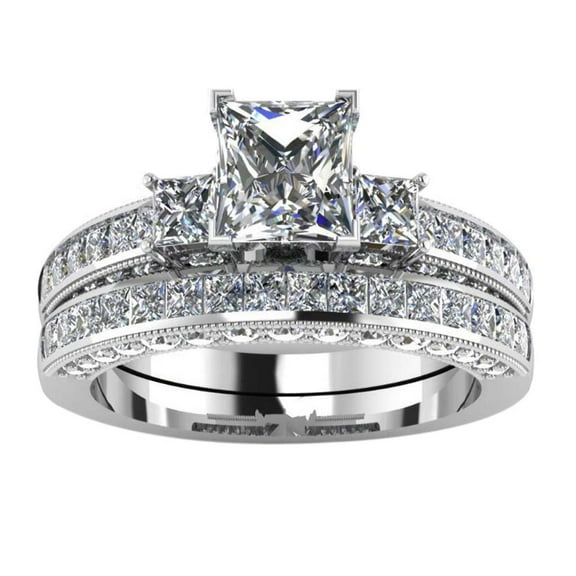 GY White Gold Plated Three-stone Womens Wedding Ring Sets Bridal Sets 1.5 Cz Engagement Ring Wedding Bands