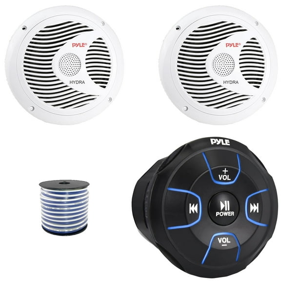 Pyle PLMRBT18 Bluetooth Audio Amplified Marine Waterproof Controller, Pyle PLMR60W 6.5" 150 Watts Max Power Full Range Dual Cone White Boat Speakers (1 Pair), 50 Feet 18 Gauge Speaker Wire