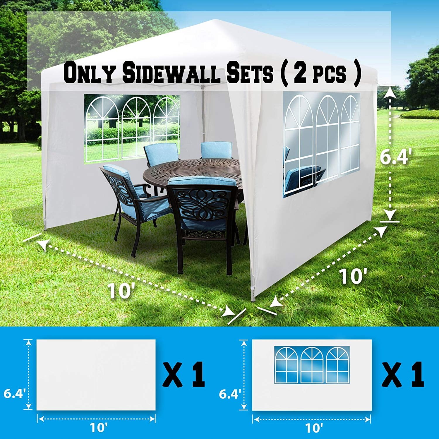 Sunrise 10'x6.4' Sidwall for Wedding Party Tent, Outdoor Pop Up Canop Gazebo, with windows, 2 PCS, white