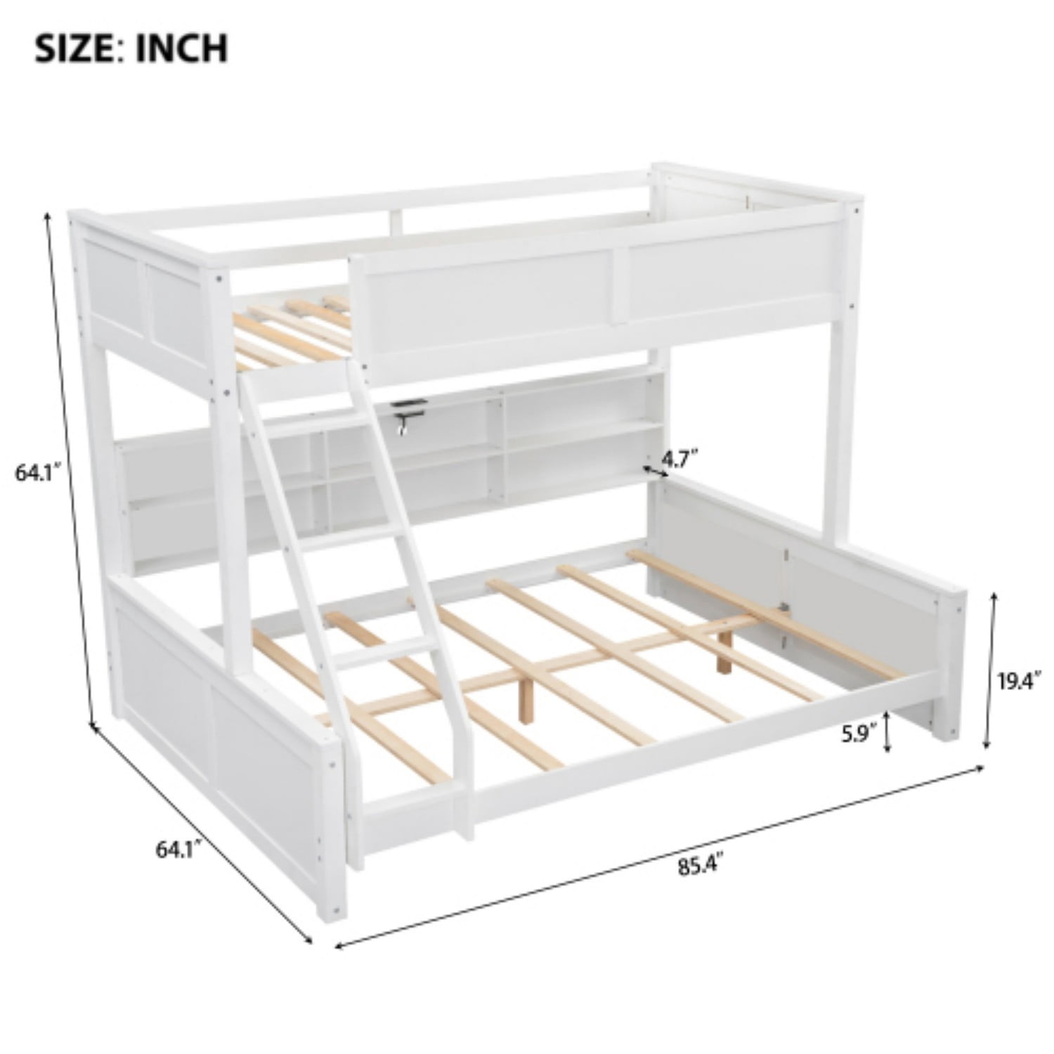 Twin XL Over Queen Bunk Bed with Storage Cabinets & USB Ports, Solid Wood Loft Bed with Guardrails, Space Saving Bed for Bedroom, Antique White